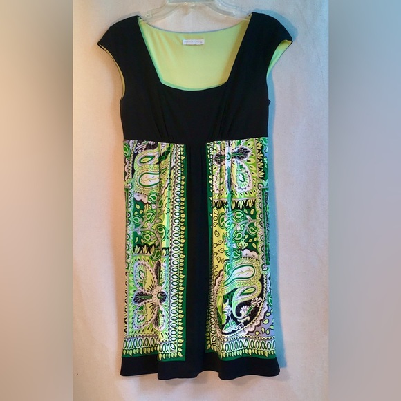 London Times black,green,paisley empire waist mini dress-Size 6-EUC. SUMMER FUN - Picture 9 of 13